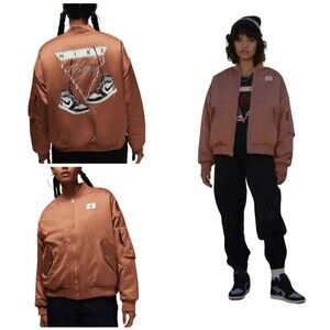 Nike Women Jordan Flight Renegade Oversized Bomber Satin Jacket Brown Sz XL NWT